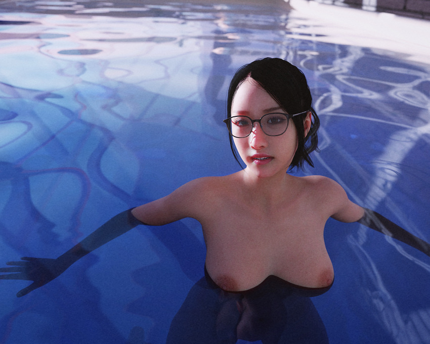 1girl 3d big_breasts black_hair blender brown_eyes female_only forsavide glasses kei_(ryuu_ga_gotoku) kson_onair like_a_dragon_(series) nipples nude ponytail ryuu_ga_gotoku sega skinny_dipping wet