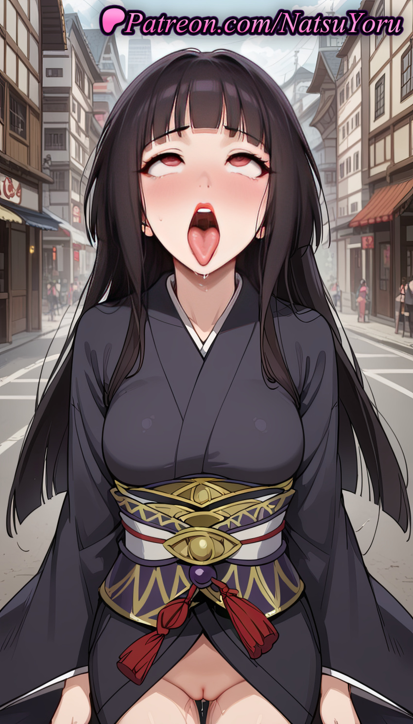 1girl 2025 ahegao ai_generated anime anime_style arms_at_sides artist_name asian bangs big_breasts black_hair black_kimono blunt_bangs blush breasts building bust city cowboy_shot day drooling east_asian exhibitionism female_focus female_only female_solo glass_(tate_no_yuusha_no_nariagari) hentai high_quality high_res high_resolution hime_cut japanese_clothes kimono labia labia_majora long_hair long_sleeves makeup medium_breasts natsuyoru no_panties obi obiage obijime open_mouth outside patreon public_indecency pussy pussy_juice red_eyes red_lips road rolling_eyes saliva sash solo_female solo_focus stable_diffusion standing straight_hair street tassel tate_no_yuusha_no_nariagari teeth the_rising_of_the_shield_hero thigh_gap tongue tongue_out uncensored upper_teeth_only uvula voluptuous voluptuous_female wafuku wide_sleeves