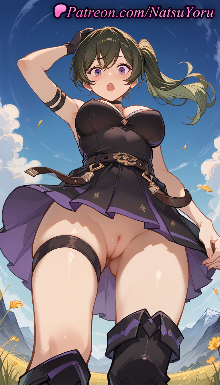1girl 2025 ai_assisted ai_generated anime anime_style arm_strap arm_up armpit armpits ass_visible_through_thighs bangs bare_shoulders belt big_breasts black_choker black_dress black_footwear black_gloves blue_sky blush boots breasts bust choker cleavage cleft_of_venus cloud covered_nipples day dress female_focus female_only female_solo flower from_below gloves green_hair hair_between_eyes hand_on_own_head hentai high_quality high_res high_resolution labia labia_majora long_hair looking_at_viewer looking_down mountain mountainous_horizon natsuyoru no_panties open_mouth outside patreon purple_eyes pussy short_dress side_ponytail single_glove skindentation skirt sky sleeveless sleeveless_dress solo_female sousou_no_frieren stable_diffusion standing thigh_high_boots thigh_strap thighs ubel_(sousou_no_frieren) uncensored upper_teeth_only upskirt viewed_from_below voluptuous voluptuous_female wind yellow_flower