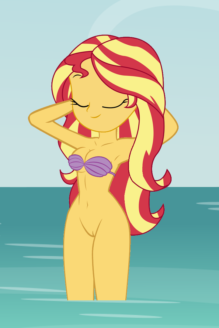 accurate_art_style beach belly belly_button bottomless bra breasts closed_eyes disney equestria_girls hasbro my_little_pony nudity ocean older older_female partial_nudity pussy seashell seashell_bra sunset_shimmer the_little_mermaid vulva water young_adult young_adult_female young_adult_woman