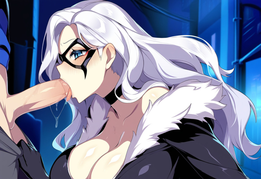 1boy1girl 1girl ai_generated big_breasts black_cat_(marvel) bodysuit eyemask felicia_hardy long_hair marvel marvel_comics sex white_hair