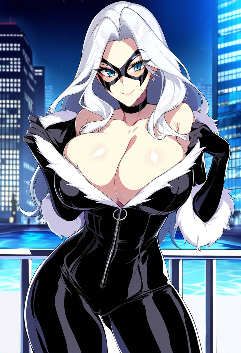 1girl ai_generated big_breasts black_cat_(marvel) bodysuit eyemask felicia_hardy long_hair marvel marvel_comics white_hair