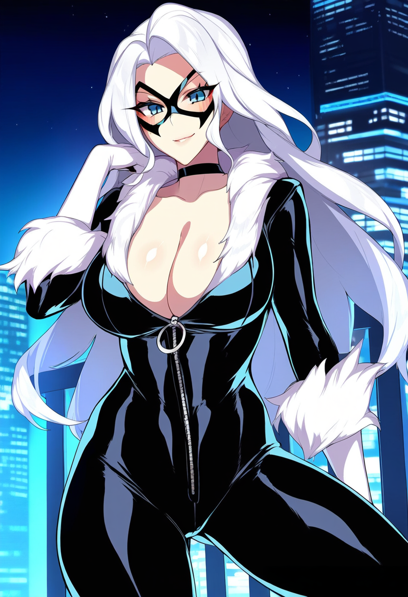 1girl ai_generated big_breasts black_cat_(marvel) bodysuit eyemask felicia_hardy long_hair marvel marvel_comics white_hair