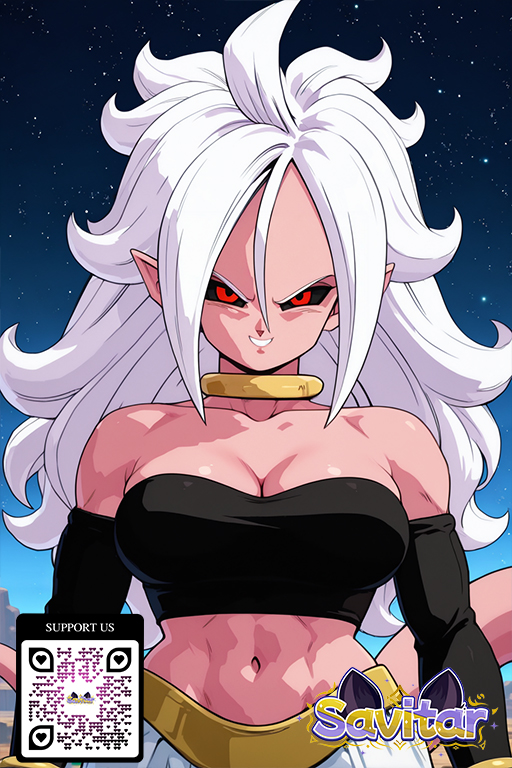 1girl 1girl 1girl abs ai_generated android_21 armpits arms_behind_head arms_up bare_shoulders big_breasts black_sclera black_tube_top breasts cleavage clothing colored_sclera colored_skin dragon_ball dragon_ball_fighterz earrings gloves harem_pants jewelry littlehentai long_hair looking_at_viewer majin majin_android_21 midriff muscle navel outside pants pink_skin pointy_ears red_eyes savitar savitar_(artist) sitting sky star_(sky) starry_sky strapless tail toned tube_top white_hair white_pants