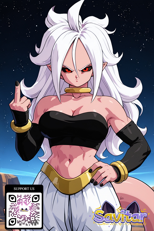 1girl 1girl 1girl abs ai_generated android_21 armpits arms_behind_head arms_up bare_shoulders big_breasts black_sclera black_tube_top breasts cleavage clothing colored_sclera colored_skin dragon_ball dragon_ball_fighterz earrings gloves harem_pants jewelry littlehentai long_hair looking_at_viewer majin majin_android_21 midriff muscle navel outside pants pink_skin pointy_ears red_eyes savitar savitar_(artist) sitting sky star_(sky) starry_sky strapless tail toned tube_top white_hair white_pants