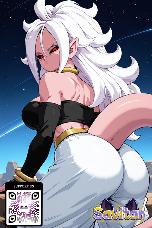 1girl 1girl 1girl abs ai_generated android_21 armpits arms_behind_head arms_up bare_shoulders big_breasts black_sclera black_tube_top breasts cleavage clothing colored_sclera colored_skin dragon_ball dragon_ball_fighterz earrings gloves harem_pants jewelry littlehentai long_hair looking_at_viewer majin majin_android_21 midriff muscle navel outside pants pink_skin pointy_ears red_eyes savitar savitar_(artist) sitting sky star_(sky) starry_sky strapless tail toned tube_top white_hair white_pants