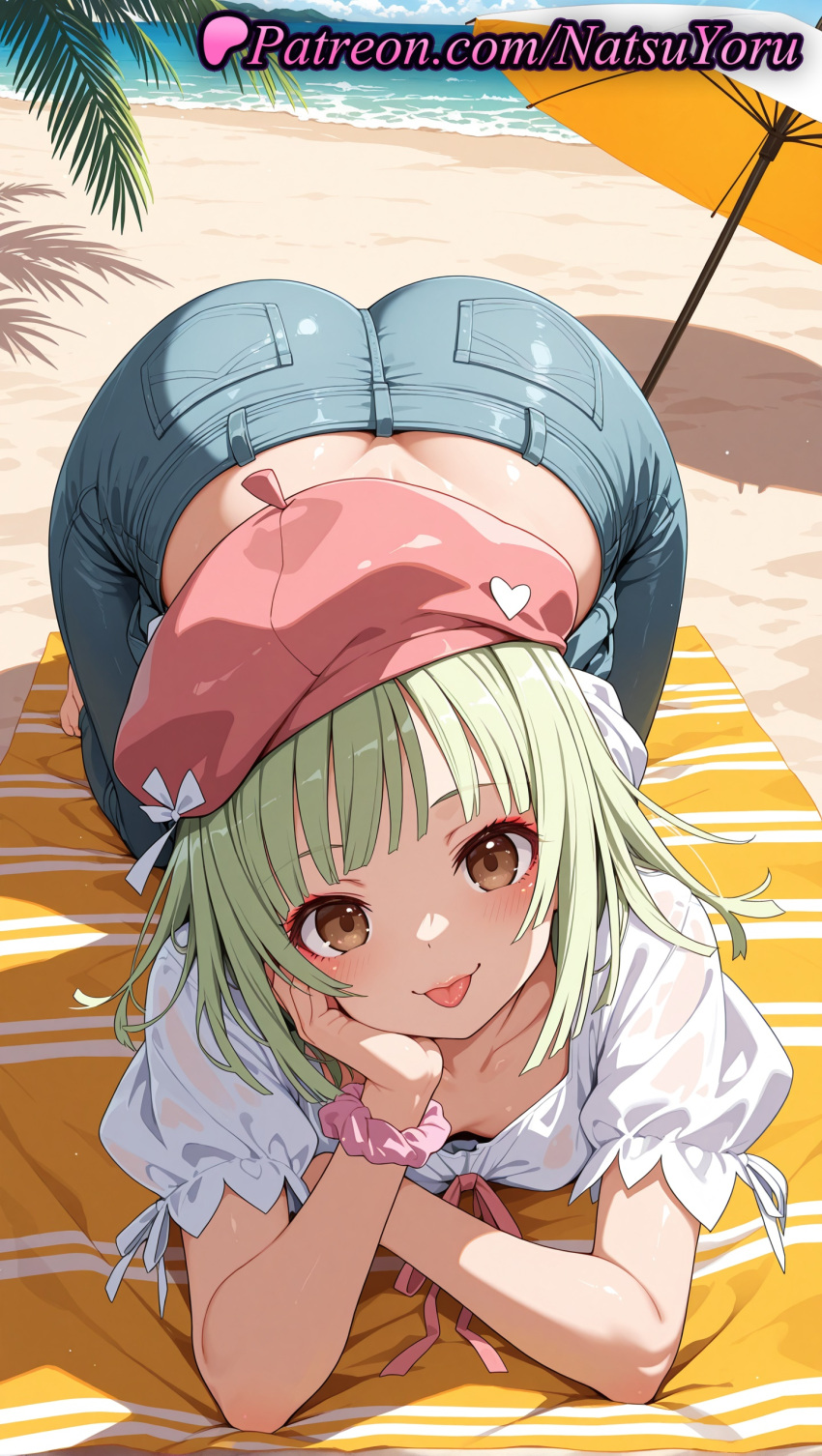 1girl 1girls 2025 ai ai_assisted ai_generated all_fours anime anime_style arm_support ass bakemonogatari bangs barefoot beach beach_mat beach_towel beach_umbrella beret big_breasts blue_pants blunt_bangs blush breasts brown_eyes bust butt_crack cabbie_hat cleavage collarbone day denim downblouse female_focus female_only green_hair hand_on_own_cheek hand_on_own_face hat head_rest hentai high_quality high_res high_resolution jeans juicy_butt looking_at_viewer medium_hair monogatari_(series) natsuyoru ocean outside palm_leaf palm_tree pants patreon pink_headwear pink_ribbon pink_scrunchie puffy_short_sleeves puffy_sleeves ribbon sand scrunchie see-through sengoku_nadeko shirt short_hair short_sleeves sky small_breasts smile solo_female stable_diffusion tongue tongue_out top-down_bottom-up towel tree umbrella voluptuous voluptuous_female water white_scrunchie white_shirt wrist_scrunchie