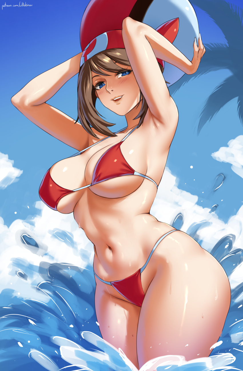 1girl 1girl absurd_res alluring arms_up ball bandana beachball big_breasts bikini blue_eyes blue_sky brown_hair cleavage cloud cowboy_shot creatures_(company) curvy day game_freak high_res holding holding_ball holding_beachball may may_(pokemon) navel nintendo outside poke_ball poke_ball_(basic) pokemon pokemon_rse red_bandana red_bikini sky standing swimsuit thighs ultrabinou wading water wide_hips