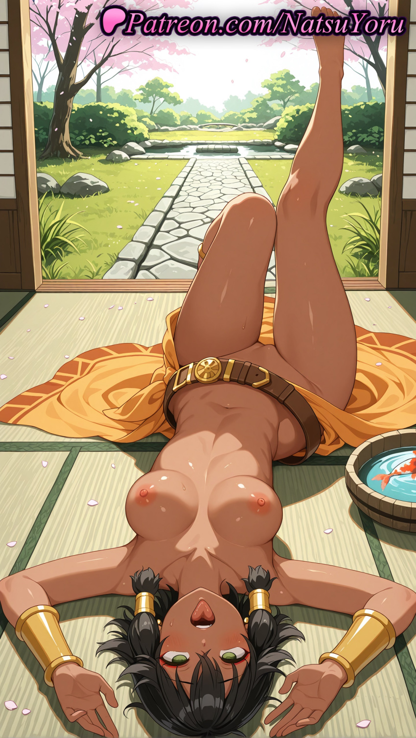 1girl 1girl 1girls 2025 ai ai_assisted ai_generated anime anime_style armpit armpits arms_up artist_name asian bangs barefoot belt belt_buckle big_breasts big_breasts black_hair blush bracer breasts breasts_apart brown_belt bust cherry_blossoms cleavage collarbone dark-skinned_female dark_skin day dungeon_ni_deai_wo_motomeru_no_wa_machigatteiru_darou_ka feet female_focus female_only fish foot_fetish full_body grass green_eyes hair_between_eyes hair_tubes hentai high_quality high_res high_res high_resolution indoors jewelry knee_up leg_lift legs_up lipstick looking_at_viewer lying makeup medium_breasts medium_hair natsuyoru navel nipples nipples_outside no_panties non-asian nude nude_female on_back on_floor open_door open_mouth outside patreon petals pond pussy pussy short_hair skirt sliding_doors smile solo_female stable_diffusion sweat tatami teeth thighs tiona_hiryute toes toned tongue tongue_out topless tree uncensored_nipples upside-down veranda voluptuous voluptuous_female water