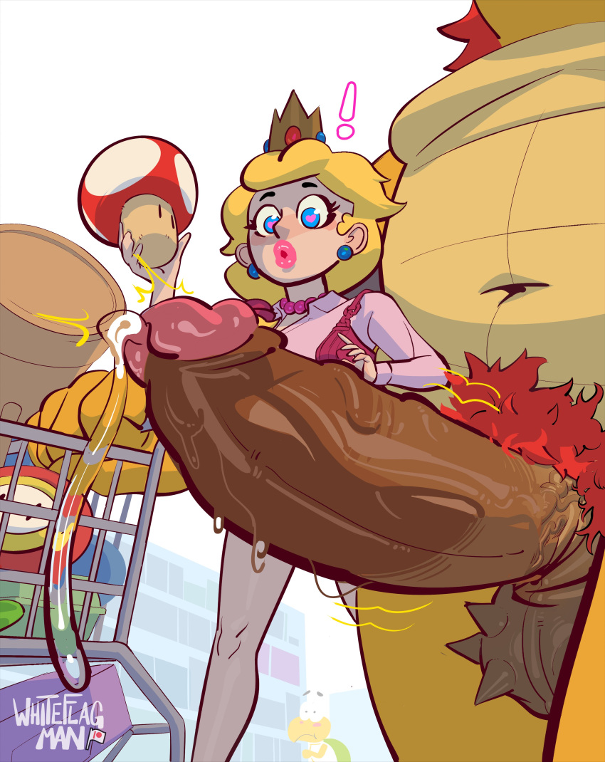 1boy 1girl 2024 5_fingers absurd_res anthro balls being_watched belly big_breasts big_penis black_eyebrows blush bodily_fluids bowser bracelet breasts brown_penis clothed clothed/nude clothing crown ear_piercing erection exclamation_point eyebrows eyelashes faceless_anthro faceless_character faceless_male female female_human fingers fire_flower foreskin fungus gem genital_fluids genitals glans gold_crown green_shell grey_balls group hair hammer headgear heart_eyes heart_symbol high_res human human_focus human_on_anthro humanoid_genitalia humanoid_penis interspecies jewelry koopa larger_anthro larger_male lips long_sleeves looking_at_another looking_at_genitalia looking_at_penis looking_down male male/female male_anthro mammal mario_bros mushroom navel necklace nintendo not_furry_focus nude nude_anthro nude_male pearl_(gem) pearl_necklace pecs penis penis_awe piercing pink_clothing pink_glans pink_jewelry pink_lips pink_necklace pink_shirt pink_topwear precum princess_peach pubes public public_nudity purse raised_eyebrows red_hair red_pubes retracted_foreskin royalty scales scalie shelf shell shirt shopping_cart size_difference slightly_chubby slightly_chubby_anthro slightly_chubby_male smaller_female smaller_human snout solo_focus spiked_balls spikes spikes_(anatomy) standing store surprise throbbing throbbing_penis tools topwear trio urethra vein veiny_penis whiteflagman wide_eyed yellow_body yellow_scales