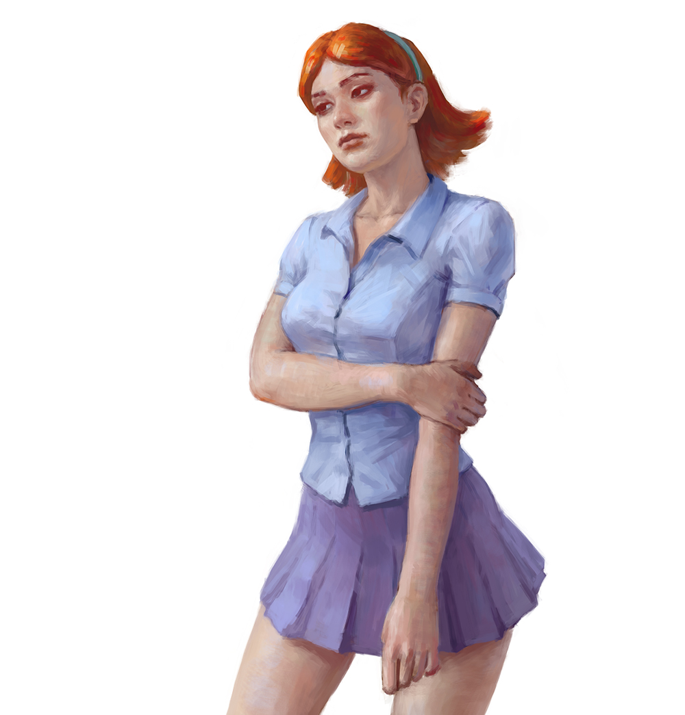 artist_request before_and_after big_breasts collarbone fivegarret grabbing_own_arm hairband jessica_(rick_and_morty) leo95 lipstick looking_at_another miniskirt orange_hair pink_lipstick purple_miniskirt purple_skirt rick_and_morty shirt short_hair simple_background
