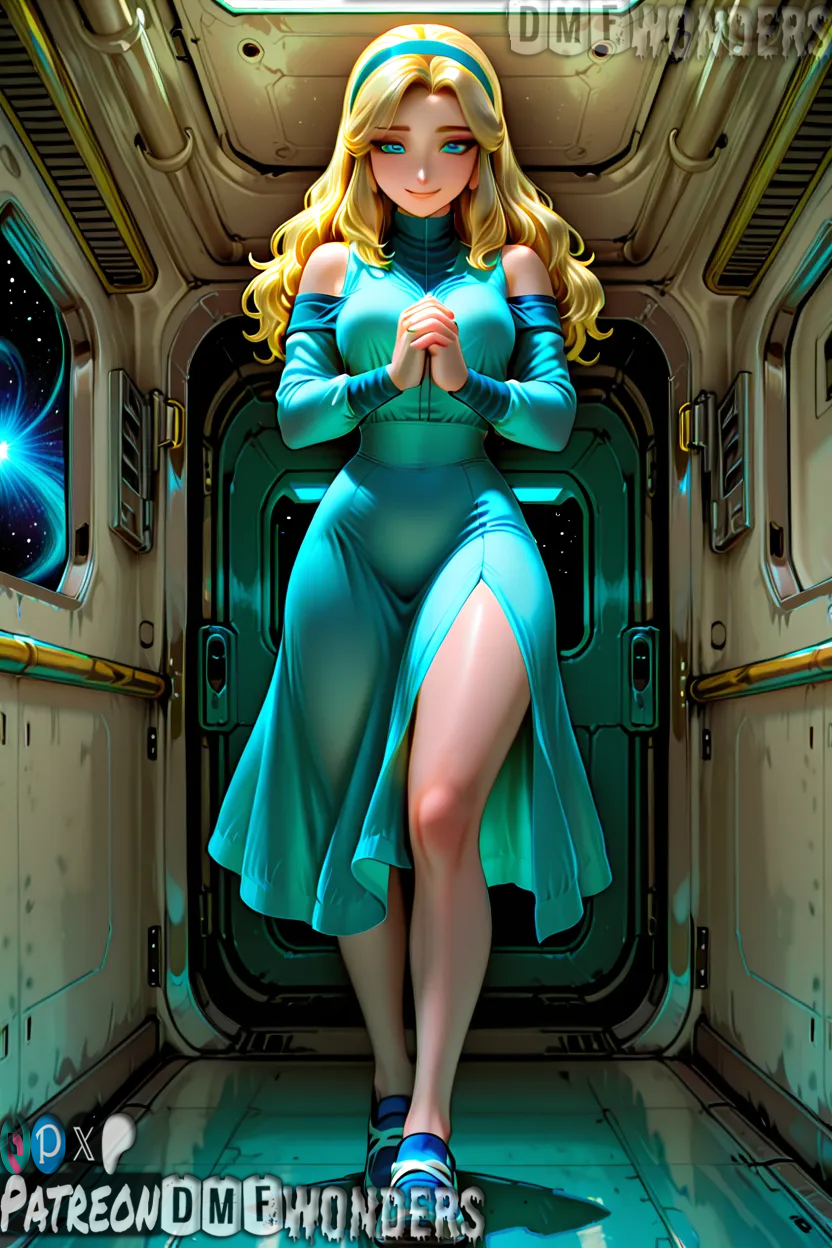 1girl 1girls ai ai_art ai_generated aqua_eyes artist_name backlighting bangs bare_legs bare_shoulders big_breasts blonde_hair blue_dress blue_eyes blue_footwear blue_hairband blush breasts closed_mouth clothing_cutout crossed_legs detached_sleeves dmf_wonders dress earrings forehead full_body hairband indoors interlocked_fingers jewelry legs lips long_hair long_sleeves looking_at_viewer maria_robotnik medium_breasts own_hands_clasped own_hands_together parted_bangs patreon patreon_logo patreon_username planet science_fiction see-through sega shoulder_cutout side_slit smile sonic_adventure_2 sonic_the_hedgehog_(series) space space_craft standing star_(sky) starry_sky thighs watermark wavy_hair window