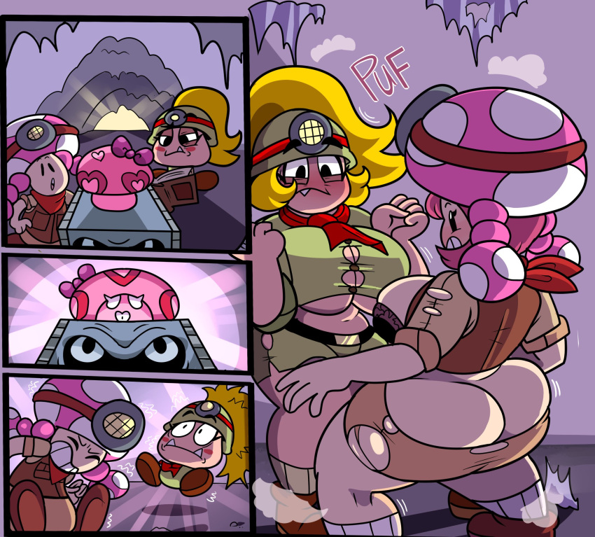 2girls accessory alternate_species arm_growth armless armor ass beady_eyes belly big_ass big_breasts blonde_hair blush blush_stickers body_size_growth bottomwear bow_(feature) bow_accessory bow_ribbon bra breast_growth breasts butt_expansion button_(fastener) cave cleavage clenched_teeth closed_eyes clothed clothing comic dat_ass detailed_background duo elemental_creature elemental_humanoid expansion fangs female footwear frown fully_clothed fungi_fauna fungi_humanoid fungus goomba goombella growth hair hair_accessory hair_bow hair_ribbon half-closed_eyes headgear helmet high_res human humanized humanoid kerchief lamp limb_growth mammal mario_bros midair mushroom mushroom_cap mushroom_humanoid narrowed_eyes navel nintendo no_underwear not_furry open_mouth partially_clothed pink_hair pith_helmet ponytail pseudo_hair ribbons scarf shirt shoes short_stack short_stackification shorts size_transformation sound_effects standing sticks straining_buttons super_mario_bros. superspoe surprise teeth thick_thighs toad_(mario) toadette topwear torn_bottomwear torn_clothing torn_shirt torn_shorts torn_topwear transformation under_boob underwear vest waddling_head wardrobe_malfunction wide_eyed wide_hips