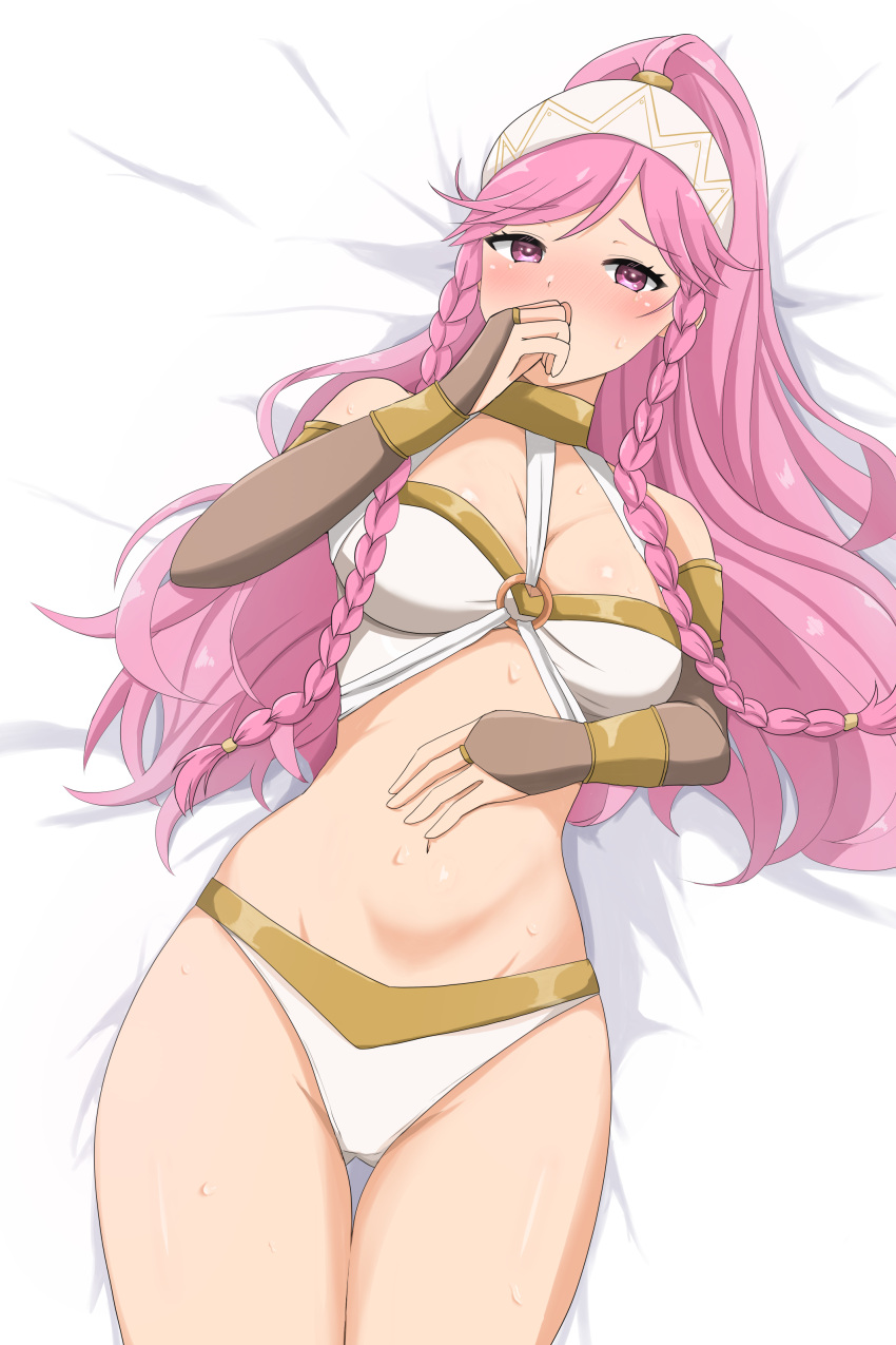 1girl 1girl absurd_res alluring big_breasts bikini blush braid commentary_request covering_own_mouth dancer eyelashes fire_emblem fire_emblem_awakening gluteal_fold hand_over_own_mouth high_ponytail high_res intelligent_systems long_hair looking_at_viewer lying nintendo o-ring o-ring_bikini olivia_(fire_emblem) on_back on_bed panties patty_ojisan pink_eyes pink_hair ponytail sweat swimsuit twin_braids underwear white_panties