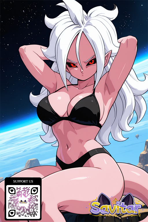 1girl 1girl ai_generated android_21 armpits arms_behind_head arms_up big_breasts bikini black_bikini black_sclera black_swimsuit breasts cleavage clothing cloud colored_sclera colored_skin dragon_ball dragon_ball_fighterz littlehentai long_hair looking_at_viewer majin_android_21 navel outside pink_skin pointy_ears red_eyes savitar savitar_(artist) sitting sky smile space star_(sky) starry_sky stomach swimsuit tail thighs water white_hair