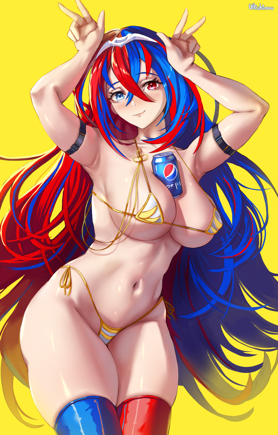 1girl 1girl alear_(female)_(fire_emblem) alear_(fire_emblem) alluring arms_up artist_name asymmetrical_legwear between_breasts big_breasts bikini blue_eyes blue_hair blue_thighhighs can closed_mouth crossed_bangs double_v fire_emblem fire_emblem_engage hair_between_eyes heterochromia high_res intelligent_systems long_hair looking_at_viewer micro_bikini mismatched_legwear multicolored_hair nintendo pepsi red_eyes red_hair red_thighhighs side-tie_bikini_bottom simple_background smile stockings swimsuit thick_thighs thighs two-tone_hair ultrabinou v very_long_hair yellow_background