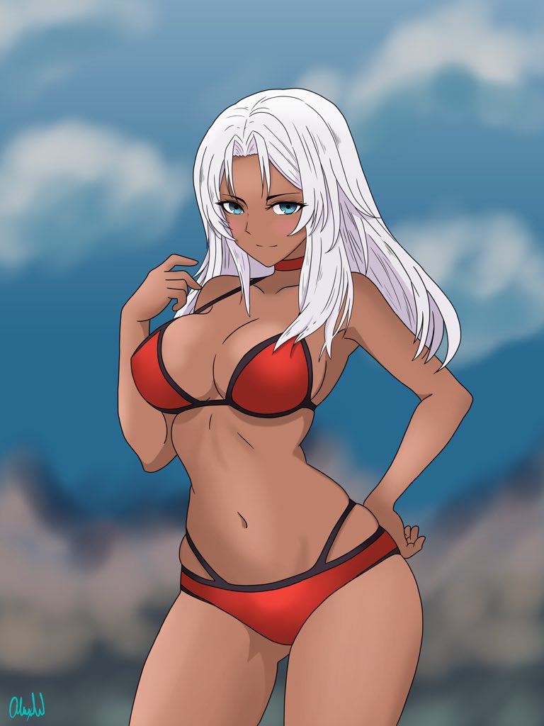 1girl 1girl alluring arttymora big_breasts bikini blue_eyes cleavage elma_(xenoblade_x) looking_at_viewer nintendo pin_up silver_hair xenoblade_(series) xenoblade_chronicles_x