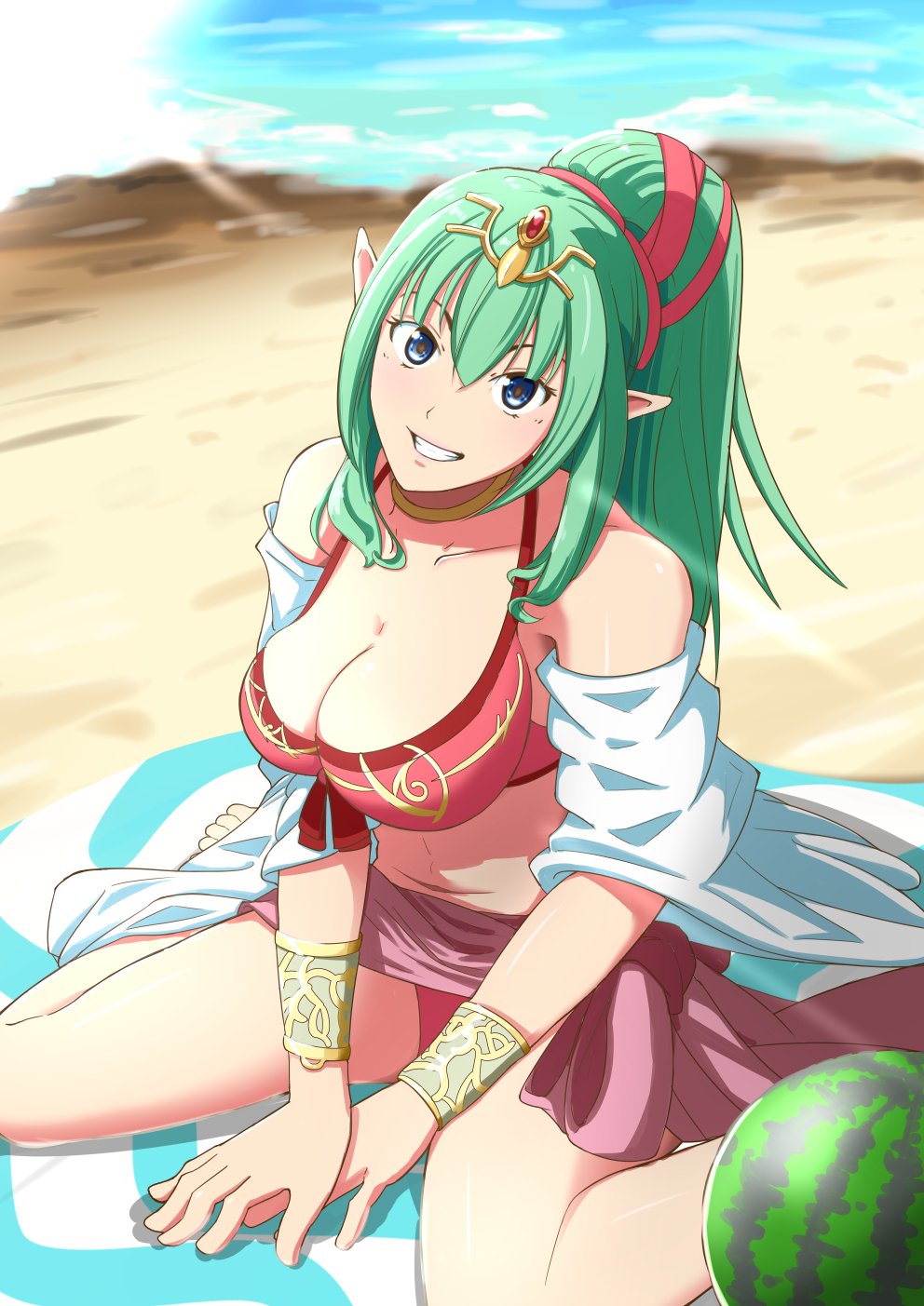 1girl 1girl alluring beach big_breasts boo_cipher cleavage_cutout clothing_cutout day female_focus fire_emblem fire_emblem_awakening fire_emblem_heroes green_hair grin high_res looking_at_viewer nintendo pointy_ears smile tiki_(adult)_(fire_emblem) tiki_(fire_emblem)