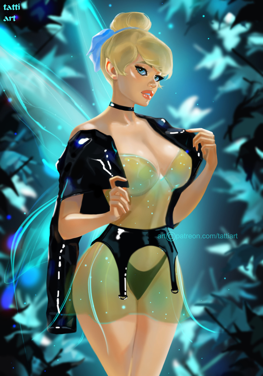 1girl adapted_costume alternate_costume bare_legs big_breasts black_choker black_jacket black_panties blonde_female blonde_hair blue_eyes breasts choker cleavage coffeeart disney disney_fairies dress fairy fairy_wings female_only female_solo green_dress hands_up jacket legs lips lipstick looking_at_viewer makeup medium_breasts neck off_shoulder open_clothes open_jacket orange_lipstick panties parted_lips peter_pan peter_pan_(1953_film) pointy_ears short_dress short_hair standing strapless strapless_dress thick_thighs thighs tinker_bell tinker_bell_(series) wings