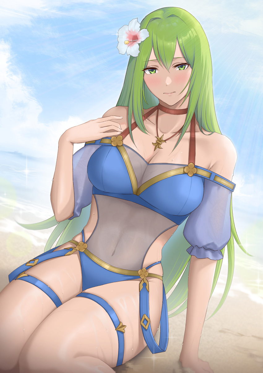 1girl alluring beach big_breasts bikini blush cleavage fire_emblem fire_emblem:_path_of_radiance fire_emblem:_radiant_dawn flower_in_hair furo_atsushi green_eyes green_hair intelligent_systems nephenee_(fire_emblem) nintendo ocean swimsuit
