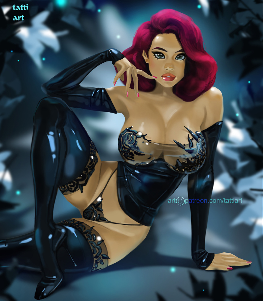 1girl alternate_costume arm_support avengers avengers:_age_of_ultron bare_shoulders big_breasts black_boots black_detached_sleeves black_high_heel_boots black_high_heels black_panties black_widow black_widow_(marvel) breasts captain_america:_civil_war cleavage coffeeart detached_sleeves expressionless female_only female_solo high_heel_boots high_heels highleg highleg_panties lips lipstick looking_at_viewer makeup marvel marvel_comics nail_polish natasha_romanoff panties parted_lips pink_nails red_hair red_lipstick see-through see-through_clothes shadow short_hair sitting strapless
