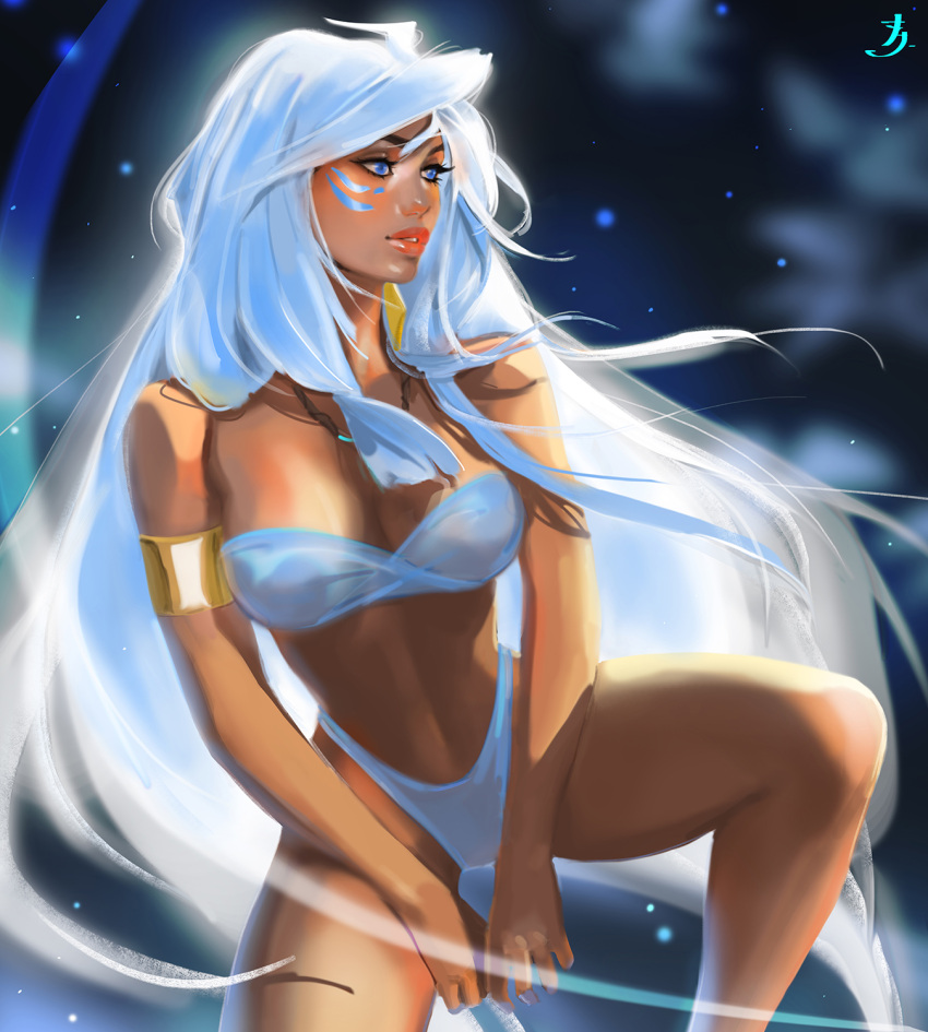 1girl armlet atlantis:_the_lost_empire bare_legs big_breasts bikini blue_eyes breasts coffeeart dark-skinned_female dark_skin disney earrings female_only female_solo jewelry legs light_blue_bikini light_blue_swimsuit lips lipstick long_hair looking_to_the_side makeup neck necklace orange_lipstick parted_lips princess_kidagakash strapless strapless_bikini strapless_swimsuit swimsuit very_long_hair white_hair