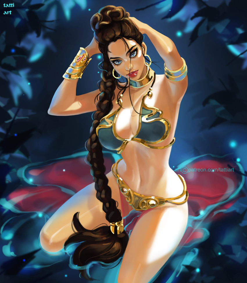 1girl big_breasts blue_eyes braid breasts brown_hair coffeeart female_only female_solo jewelry long_hair lots_of_jewelry lucasfilm princess_leia_organa return_of_the_jedi revealing_clothes slave star_wars tied_hair