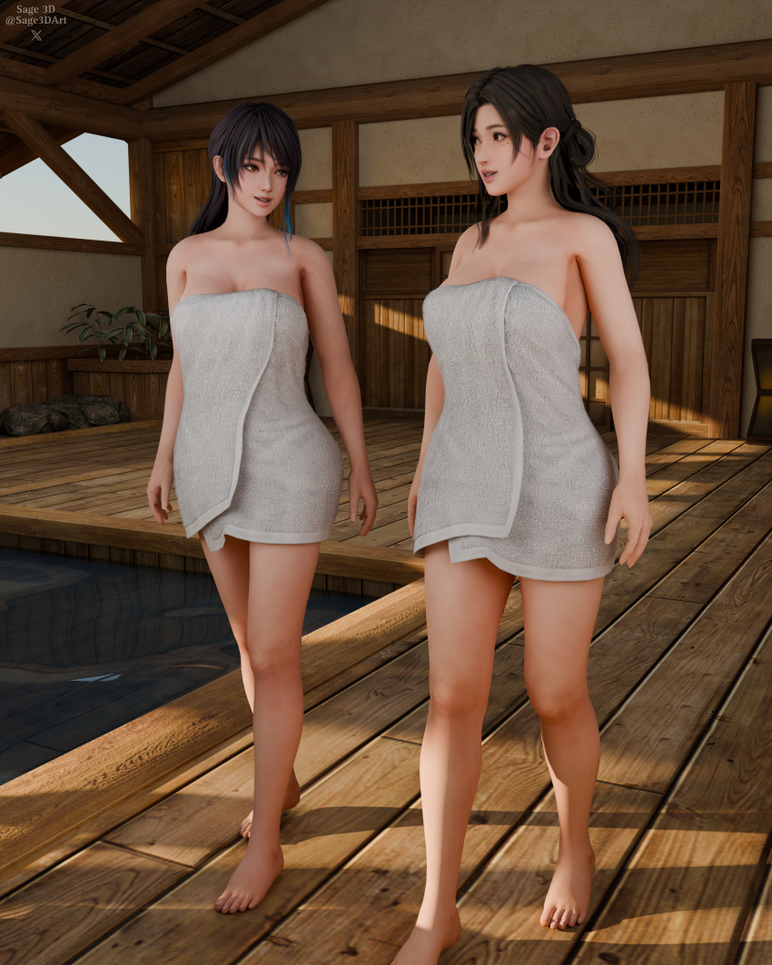 2_girls alluring bare_legs big_breasts black_and_blue_hair brown_eyes brown_hair dead_or_alive dead_or_alive_xtreme_venus_vacation naked_towel olive_eyes onsen sage3d sayuri_(doa) shandy_(doa) tecmo