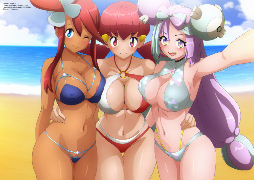 3_girls alluring arm_around_waist beach big_breasts bikini blue_bikini blue_eyes blue_hair blush bow-shaped_hair breast_press character_hair_ornament clam_shell cleavage cloud collarbone covered_erect_nipples creatures_(company) dark_skin game_freak gen_1_pokemon grey_bikini hair_bun hair_ornament hairclip iono_(pokemon) long_hair looking_at_viewer low_twintails magnemite multicolored_hair multiple_girls navel nintendo o-ring o-ring_bikini ocean one_eye_closed open_mouth pink_eyes pink_hair pokemon pokemon_bw pokemon_hgss pokemon_sv purple_eyes purple_hair red_bikini red_hair sand sharp_teeth side_bun sidelocks sky skyla_(pokemon) smile standing swimsuit teeth twin_tails two-tone_hair water whitney_(pokemon) wink zel-sama
