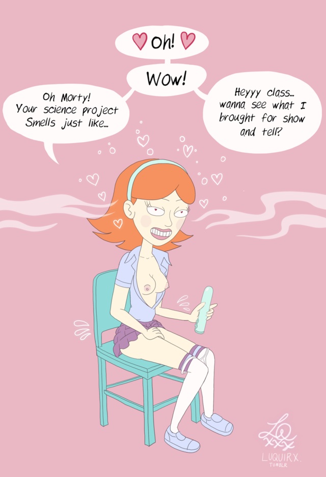 aphrodisiac artist_request big_breasts blue_shirt blush chair erect_nipples hairband hearts_around_head jessica_(rick_and_morty) lipstick luquirx nipples open_clothes open_shirt orange_hair panties_down pink_background pink_lipstick pink_nipples rick_and_morty shirt_open short_hair sitting_on_chair smile