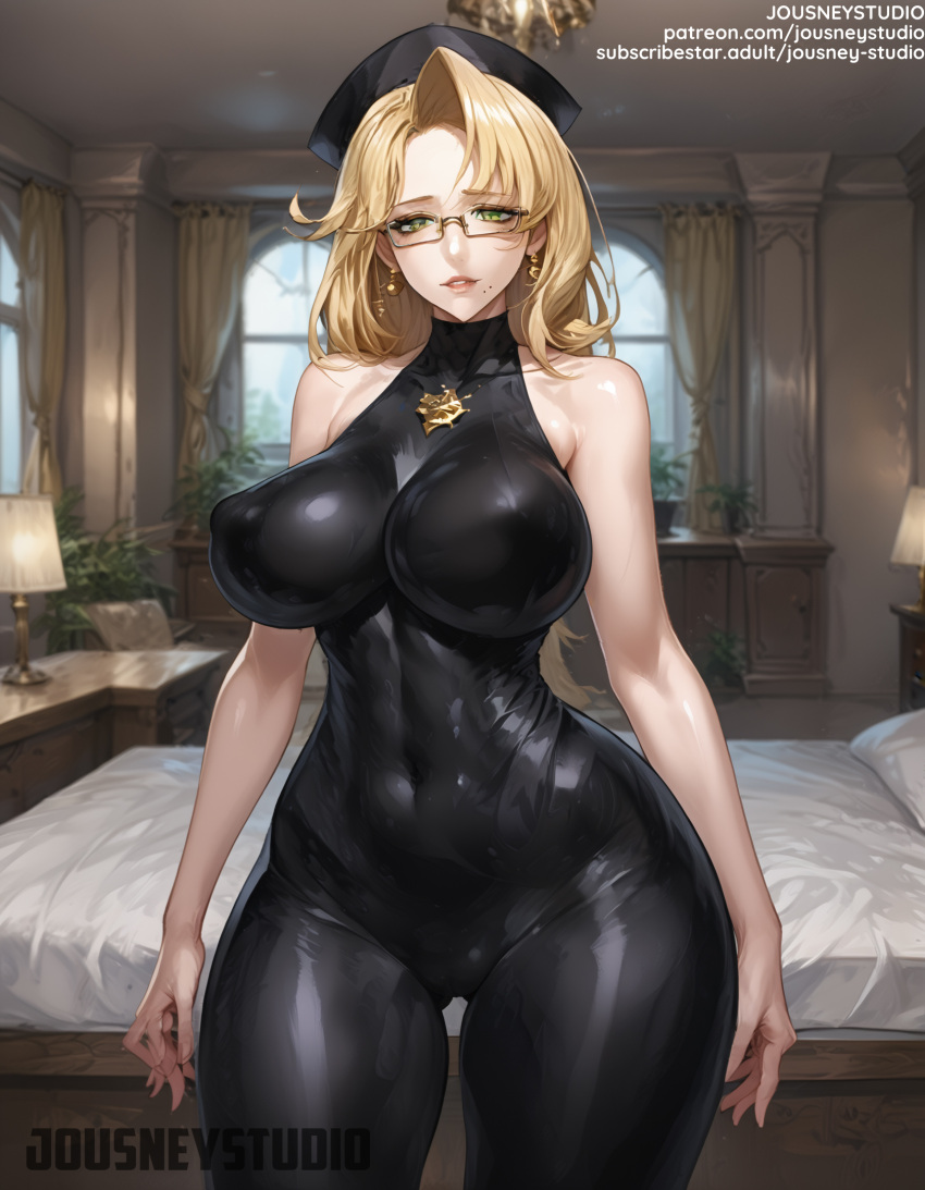 1girl 1girl 1girl action_taimanin ai-created ai_generated bangs bare_shoulders bed big_breasts black_headwear blonde_hair blush bodysuit breasts clothing covered_erect_nipples covered_navel curvaceous earrings emily_simmons erect_nipples erect_nipples_under_clothes eyewear female_only glasses green_eyes hat headwear huge_breasts indoors jewelry jousneystudio lips long_hair looking_at_viewer mature mature_female mole mole_under_mouth navel necklace nipples original parted_bangs parted_lips simmons_emily skin_tight smile stable_diffusion text thick_thighs thighs window