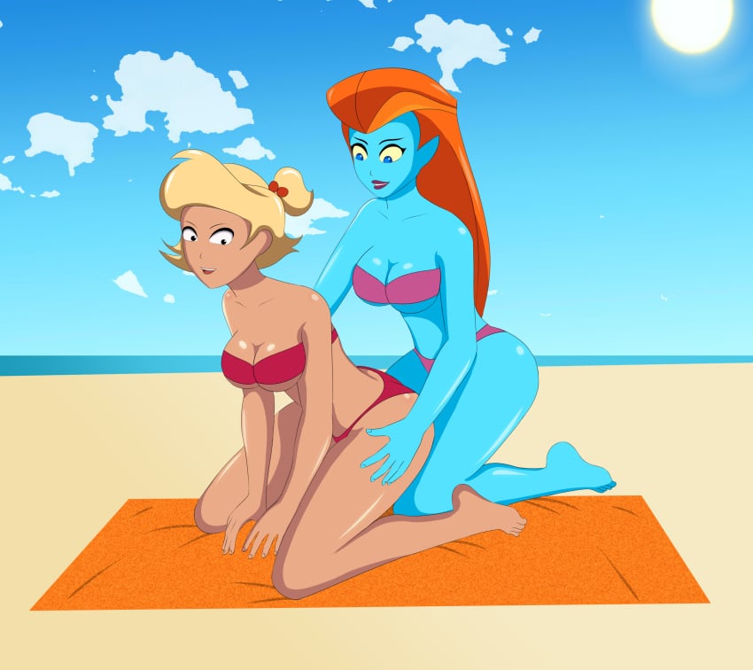 1girl 2_girls alien_girl anoneysnufftan applying_sunscreen beach beach_towel bikini blonde_hair blue_eyes blue_skin buzz_lightyear_of_star_command cartoon_network crossover disney edasbild elodie embarrassed female_only humiliation imminent_death killer_lotion long_hair massage mira_nova m****r ocean ok_k.o.!_let's_be_heroes orange_hair peril punishment rubbing sand seaside sky s***f summer sunbathing swimsuit towel