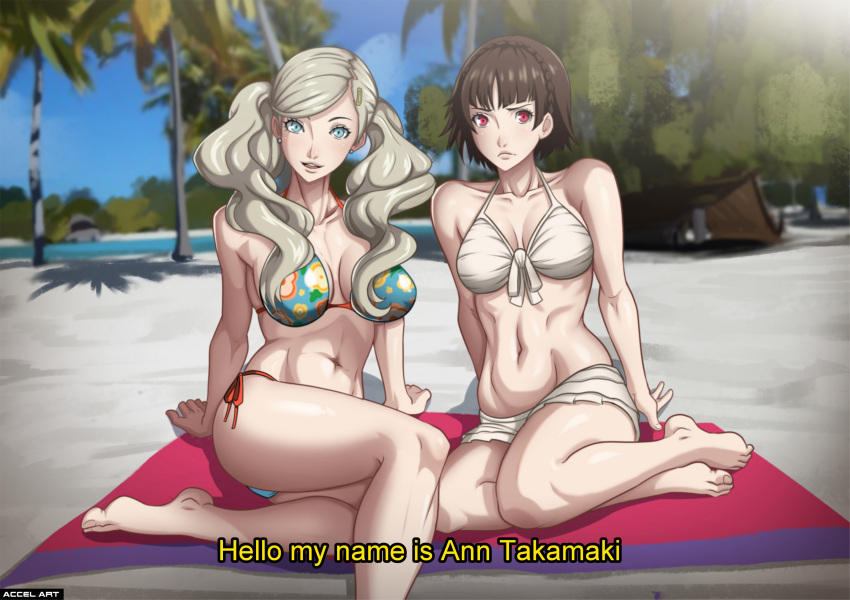 2_girls accelart alluring ann_takamaki athletic_female bare_legs barefoot beach big_breasts bikini blonde_hair blue_eyes brown_hair calf_muscles camera english_text feet female_abs female_only fit_female introduction light-skinned_female making_a_porno makoto_niijima medium_breasts medium_hair midriff multiple_girls open_mouth outside persona persona_5 recording red_eyes short_hair smile swimsuit text thick_thighs thighs twin_tails