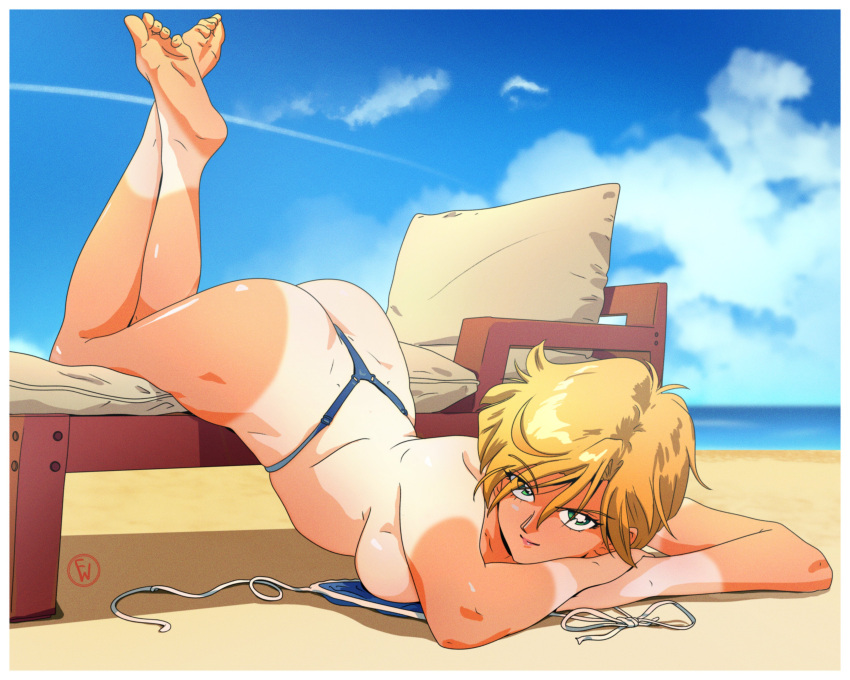 1990s_(style) 1girl absurd_res alluring ass barefoot beach beach_chair bikini bishoujo_senshi_sailor_moon blonde_hair blue_eyes bra breasts cloud cloudy_sky feet fritz_willie haruka_ten'ou haruka_tenoh high_res lying ocean on_stomach open_bra retro_artstyle sailor_uranus short_hair sideboob sky swimsuit tan tan_line thong topless_female