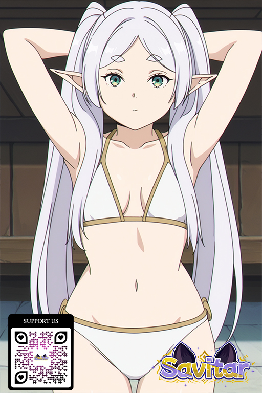 1girl 1girl 1girl ai_generated armpits arms_behind_head arms_up bikini breasts closed_mouth clothing elf expressionless frieren green_eyes littlehentai long_hair looking_at_viewer navel pointy_ears savitar savitar_(artist) small_breasts sousou_no_frieren swimsuit thick_eyebrows twin_tails white_bikini white_hair white_swimsuit