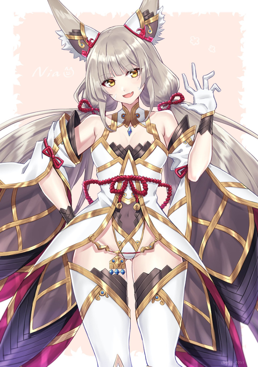 1girl 1girl alluring animal_ears blunt_bangs breasts cat_ears chest_jewel cleavage detached_sleeves facial_mark high_res highleg highleg_leotard leotard long_hair low_twintails nia_(blade)_(xenoblade) nia_(xenoblade) shinae short_hair silver_hair small_breasts spoilers stockings twin_tails very_long_hair xenoblade_(series) xenoblade_chronicles_2 yellow_eyes