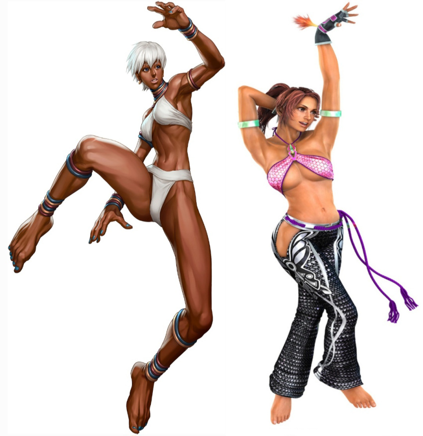 1girl 3d anklet armpits bangle bare_shoulders barefoot belt blue_eyes bracelet breasts brown_hair capcom christie_monteiro cleavage dark-skinned_female earrings elena_(street_fighter) feet fighting_stance fingerless_gloves gloves halterneck hip_focus jewelry legs lips long_legs medium_breasts muscular nail_polish namcl navel neck_ring official_art rope short_hair smile standing street_fighter street_fighter_iv tan tekken tekken_5_dark_resurrection thighs toenail_polish toenails under_boob white_hair