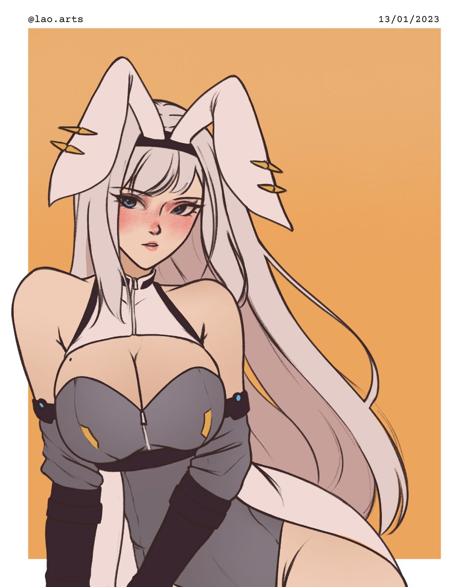 1girl alluring animal_ears big_breasts blue_eyes blush breast_tattoo breasts cleavage cleavage_cutout clothing_cutout ethel_(xenoblade) gloves grey_hair high_res lao_arts leotard long_hair looking_at_viewer playboy_bunny rabbit_ears simple_background smile tattoo upper_body very_long_hair xenoblade_(series) xenoblade_chronicles_3