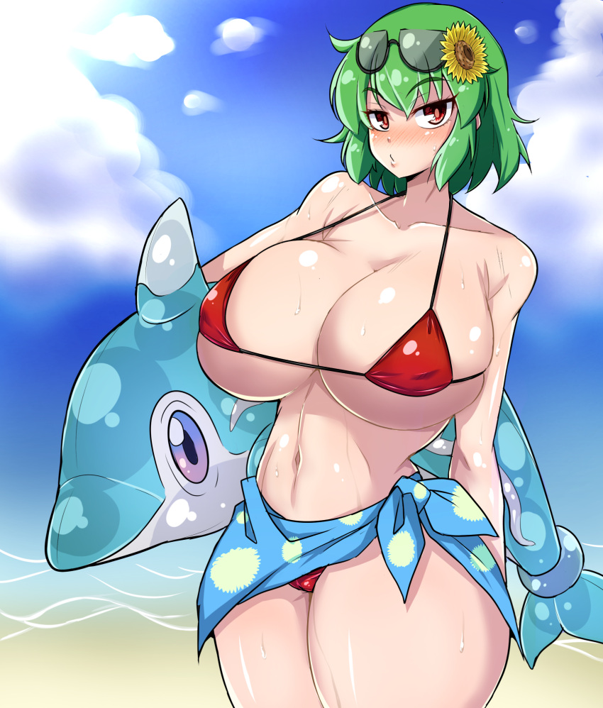 1girl beach big_breasts bikini breasts crossover finizen green_hair huge_breasts navel norori outside pokemon pokemon_sv red_eyes thick_thighs thighs touhou yuka_kazami