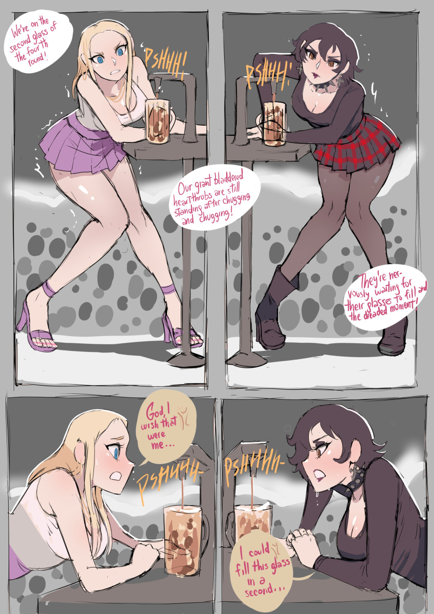2_girls 4koma alcohol barbara_(biku) big_breasts biku black_boots black_footwear black_hair black_heels black_pantyhose black_shirt blonde_hair blue_eyes boots breasts brown_hair cleavage collar contest cross_earrings deborah_(biku) desperate desperation drink earrings english_text have_to_pee high_heels hoop_earrings jewelry lipstick long_hair long_sleeves necklace need_to_pee open_toe_footwear open_toe_shoes original pantyhose pink_nail_polish pink_nails plaid plaid_skirt purple_footwear purple_heels purple_skirt shiny_skin shirt shivering short_hair skirt speech_bubble spiked_collar sweat tank_top text text_bubble trembling white_shirt white_tank_top