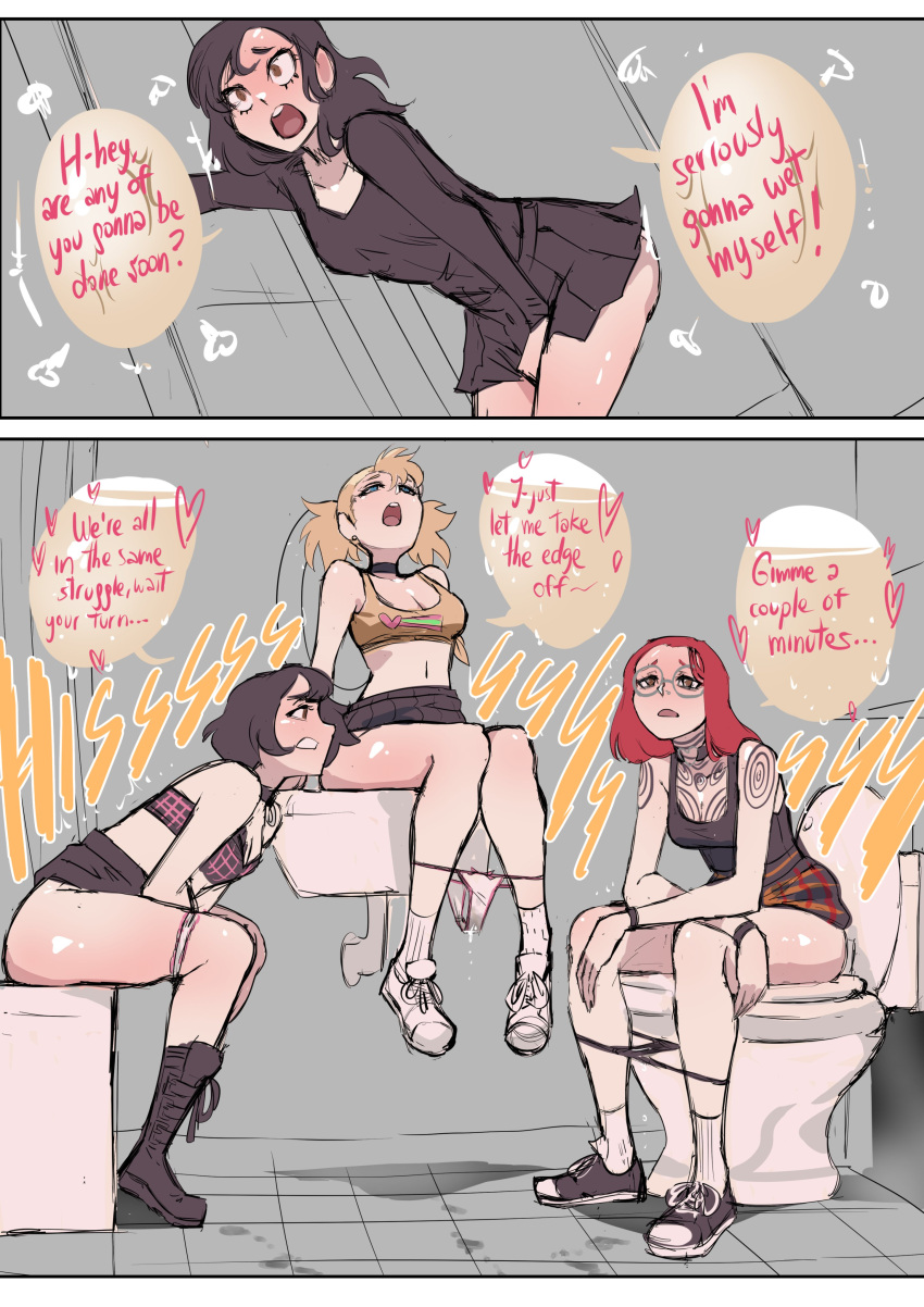2koma 4girls ass bathroom big_breasts big_breasts biku black_and_white black_boots black_choker black_footwear black_hair black_shirt black_skirt blonde_hair boots bow bow_panties breasts brown_eyes choker cleavage clenched_teeth clothes_lift clothes_pull comic english_text eyewear glasses hand_between_legs jessica_(biku) long_sleeves open_mouth original original_character panty_pull peeing peeing_in_bath peeing_in_sink peeing_in_toilet peeing_together red_hair shiny_skin shirt shoes short_hair sitting_on_bath sitting_on_bathtub sitting_on_sink sitting_on_toilet skirt skirt_lift sneakers socks speech_bubble stained_panties tattoo text text_bubble thick_thighs thighs toilet toilet_use tongue wet wet_panties white_footwear white_panties white_shoes white_sneakers white_socks