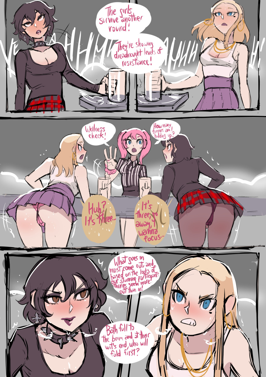 3_girls 5koma ass barbara_(biku) big_breasts biku black_hair black_nail_polish black_nails black_pantyhose black_shirt black_skirt blonde_hair blue_eyes blush breasts brown_eyes cleavage clenched_teeth collar comic comic_panel contest cross_earrings deborah_(biku) drunk earrings english_text female_only have_to_pee hoop_earrings jewelry lipstick long_hair long_sleeves maggie_(biku) mole mole_under_eye necklace open_mouth original panties panties_under_pantyhose pantyhose pantyshot pink_hair pink_nail_polish pink_nails pink_panties pink_underwear plaid plaid_skirt purple_panties purple_skirt purple_underwear referee scrunchie scrunchie_on_wrist shiny_skin shirt short_hair skirt speech_bubble spiked_collar sweat tank_top text text_bubble twin_tails underwear upskirt white_shirt white_tank_top