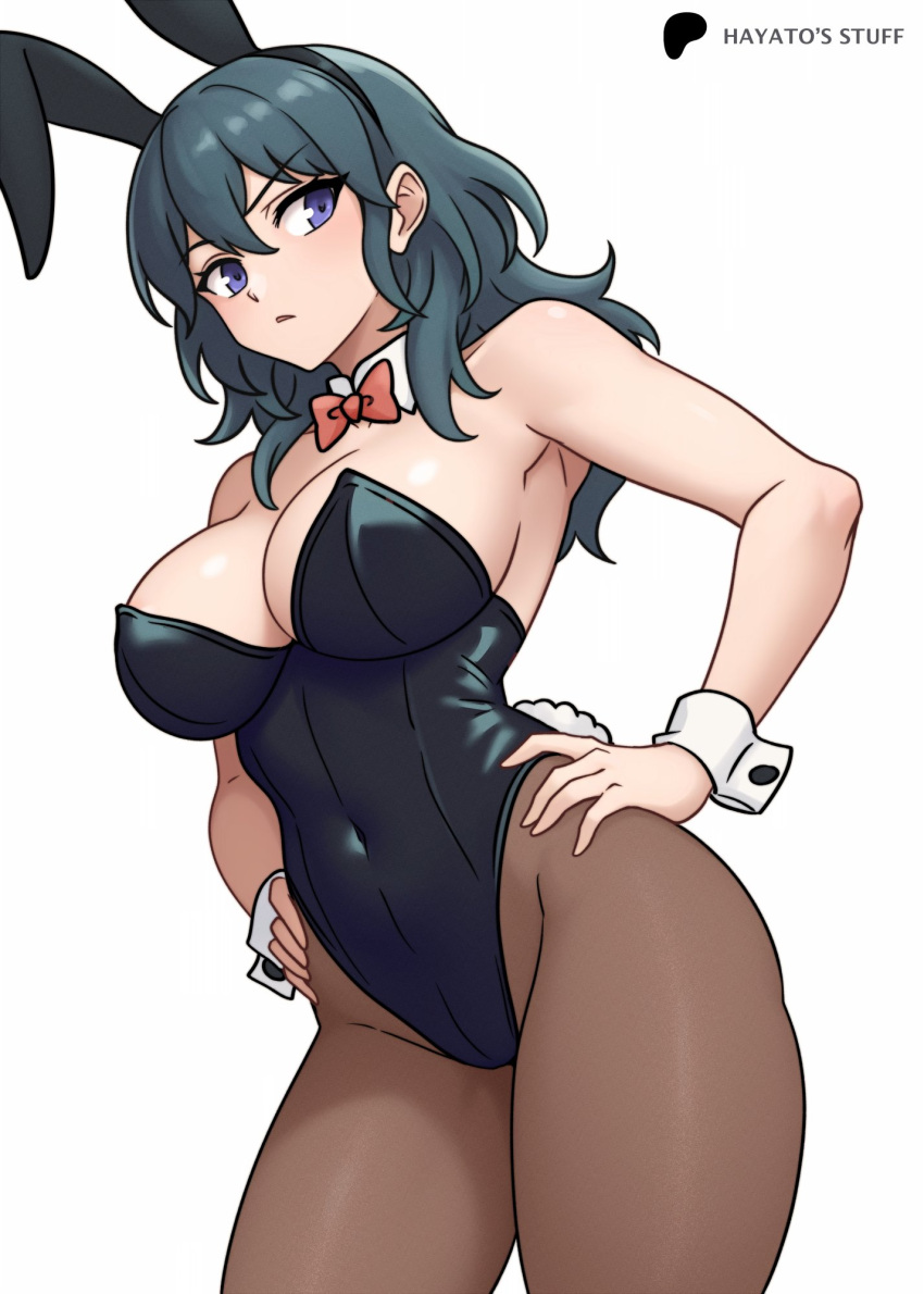 1girl alluring big_breasts blue_eyes bunny_ears_headband byleth_(fire_emblem) byleth_(fire_emblem)_(female) cleavage female_only fire_emblem fire_emblem:_three_houses hayato_stuff nintendo playboy_bunny_leotard teal_hair
