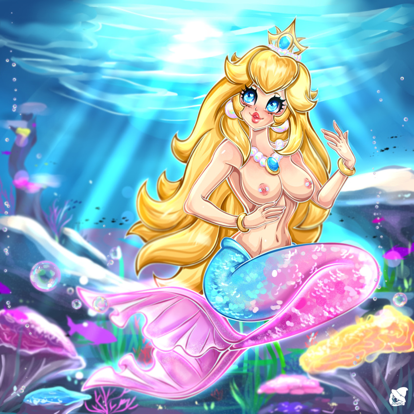 1girl ecchi female jamilsc11 mario_(series) mermaid_peach nintendo princess_peach princess_peach:_showtime! solo underwater