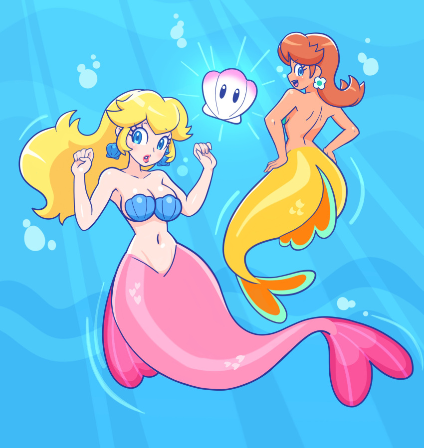 2girls back bangs bare_shoulders belly big_breasts blonde_hair blue_eyes blush bra breasts brown_hair bubbles cleavage curvaceous curvy digital_media_(artwork) duo earrings eyelashes female female_only fins flower_earrings hair hands_on_hips happy high_res light-skinned_female light_skin lipstick long_hair looking_back luma_draws mario_(series) mermaid mermaid_tail monster_girl navel nintendo orange_tail pink_lipstick pink_tail power_up princess_daisy princess_peach scales seashell seashell_bra seashell_earrings shell super_mario_bros. surprised swimming tail tail_fin tan-skinned_female tan_body tan_skin underwater voluptuous water wide_eyed wide_hips