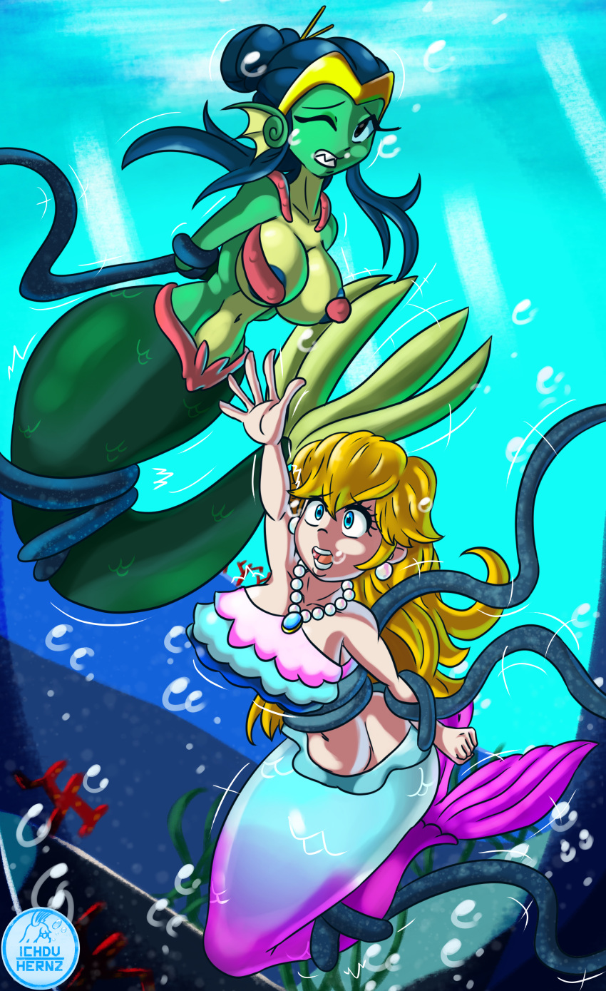 2girls bubbles crossover female ichduhernz mario_(series) mermaid mermaid_peach nintendo peril princess princess_peach princess_peach:_showtime! shantae shantae_(character) underwater underwater_peril wayforward
