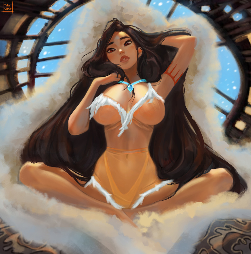 1girl bare_shoulders big_breasts black_hair breasts coffeeart dark-skinned_female dark_skin disney female_only female_solo indian_style jewelry lips lipstick long_hair looking_at_viewer makeup native_american native_american_female neck necklace parted_lips pocahontas pocahontas_(character) red_eyes revealing_clothes sitting straight_hair very_long_hair yellow_dress