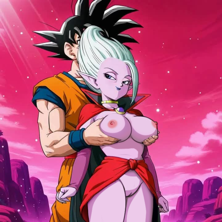 1boy 1girl big_breasts cape dr._arinsu dragon_ball_daima gray_hair holding_breasts nekom14 nipples no_bra no_panties no_pants purple_skin pussy son_goku