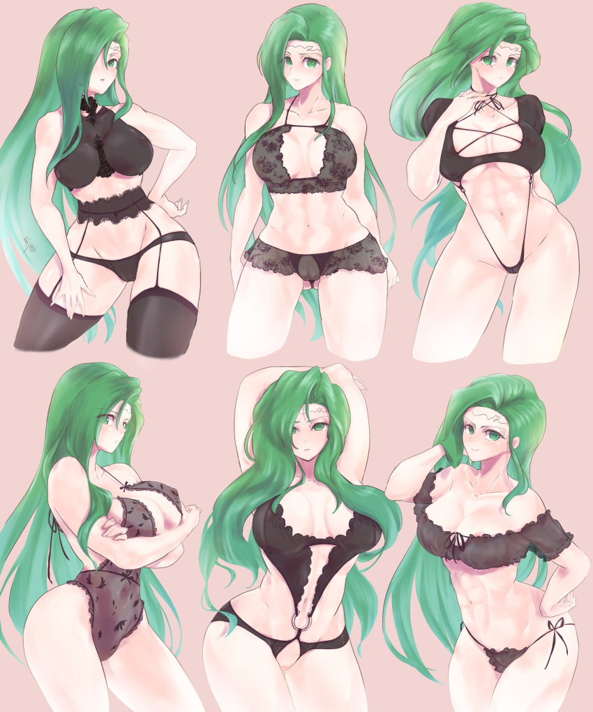 1girl 1girl 1girl abs adjusting_hair annand_(fire_emblem) areola areolae_slip arm_under_breasts arms_behind_head arms_up ass_visible_through_thighs athletic_female bare_midriff bare_shoulders bare_thighs big_breasts black_panties choker cleavage collarbone covered_nipples crossed_arms crotchless crotchless_panties female_abs female_only fire_emblem fire_emblem:_genealogy_of_the_holy_war fit_female frown green_eyes green_hair hair_over_one_eye intelligent_systems lingerie long_hair looking_at_viewer midriff nintendo nipples panties partially_visible_vulva pose pussy see-through shoulders sideboob smile stockings ta_dasu_(tadasu_hayashi) thick_thighs thighs thong under_boob underwear very_long_hair wide_hips