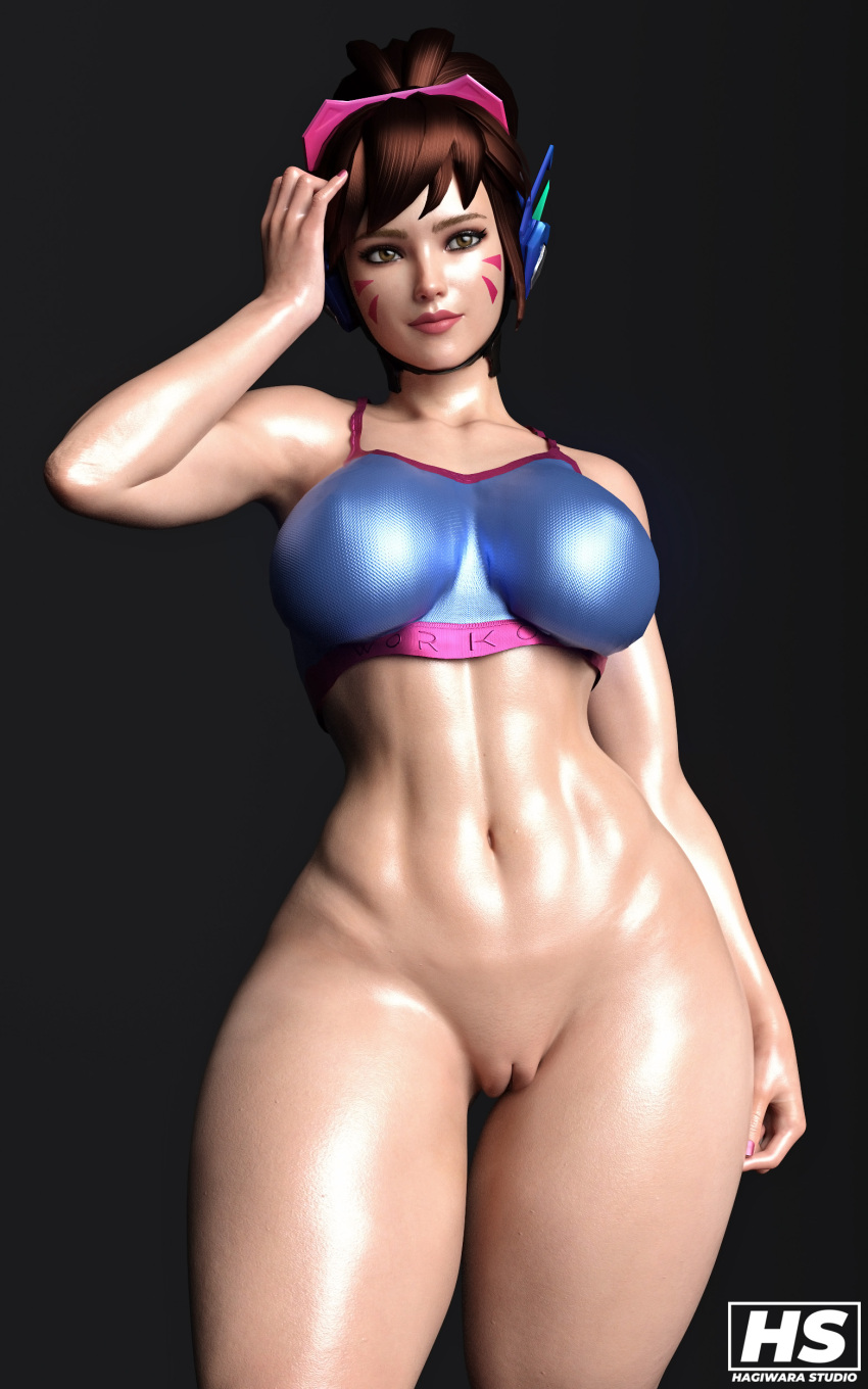 1girl 3d alluring athletic_female bare_legs big_breasts blizzard_entertainment brown_hair d.va female_abs female_only fit_female hagiwara_studio hana_song long_hair naked_from_the_waist_down overwatch ponytail pussy sports_bra sports_bra_only tagme thick_thighs wide_hips